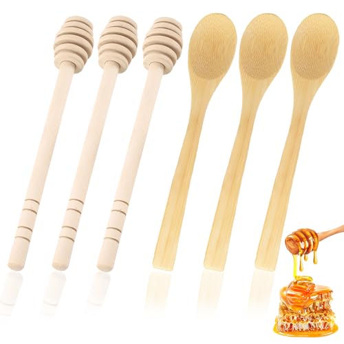 6 Stück Honiglöffel Holzlöffel Praktische Honiglöffel Holz Hölzerne Honigrührer, geeignet für Honig Heiße Schokolade Kaffee Tee Küchenzubehör (Honiglöffel * 3, Rührer * 3)