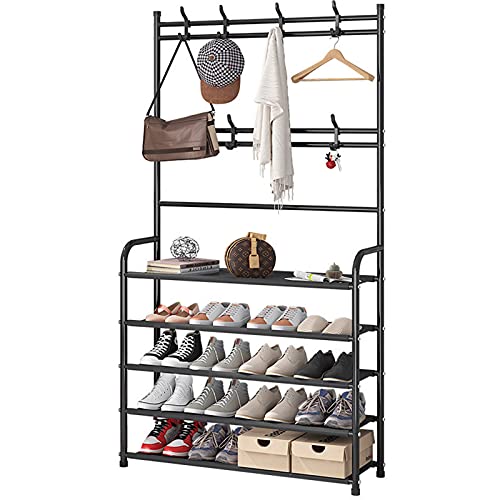 U-HOOME Entryway Coat Rack, U-HOOME 3-in-1 Hall Tree Shoe Bench with Coat Hat Umbrella Rack,Storage Shelves with 8 Hooks, Multifunctional Hallway Organizer (Black)