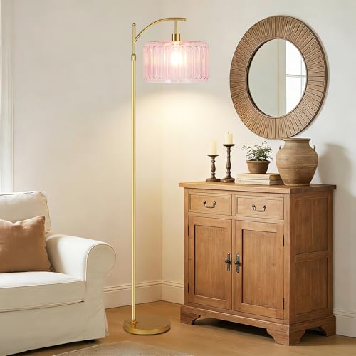 Image of QIYIZM Pink Floor Lamp for Living Room,Bedroom,Gold Dimmable Standing Lamp with Remote,Mid Century Modern Brass Tall Lamp Boho Floor Lamps Arc Stained Glass Flower Floor Light Lamp Girls kids Bohemian