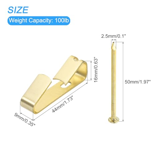 Image of uxcell Picture Hangers, 25Pcs 100lb - Metal Picture Hanging Kit with Nails, Picture Frame Hooks on Drywall Wooden Wall for Clock, House Decoration (Gold)