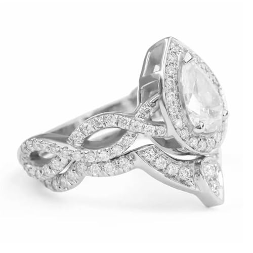 Vintage Wedding Ring Set for Women Platinum Plated Silver, 1CT Center Pear Shaped Moissanite Bridal Sets Wedding Rings Teardrop Engagement Ring Set3