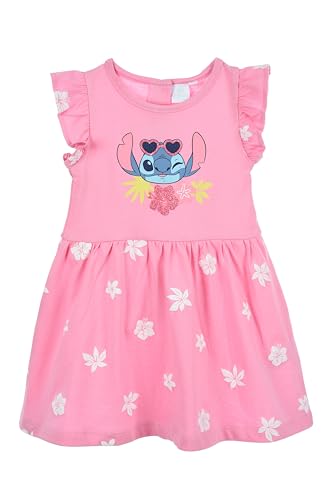 Disney Stitch Vestido para Bebe Niña, Algodon Suave Vestido Manga Corta para Bebes, Talla 12 Meses | Rosa