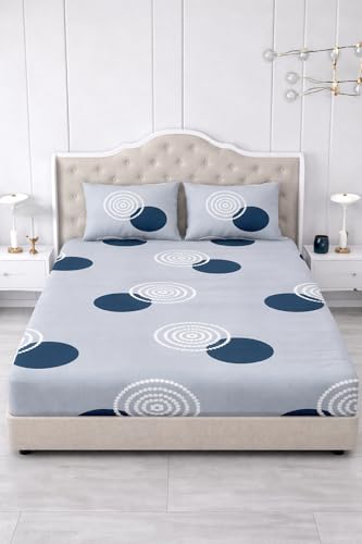 Image of 300 TC Cotton Feel Glace Cotton Elastic Fitted Bedsheet for King Size Double Bed | Fits up to 8 Inch Mattress | Printed Bedsheet with 2 Pillow Covers (Gray Gola, King Size - 72 inchx78 inch)