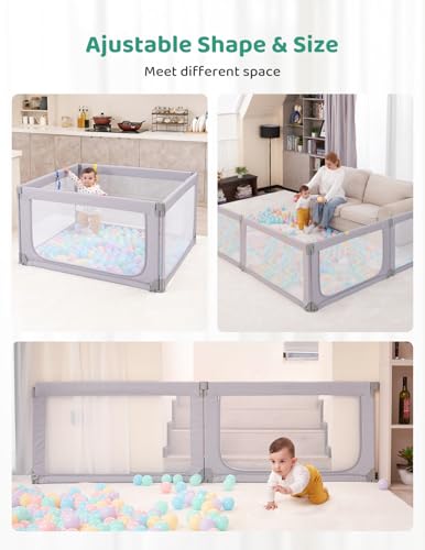 Kidirect Foldable Baby Playpen, 47"×49" Playpen for Babies and Toddlers, Baby Play Pen with Safety Gate, Corrales para Bebes, Adjustable Portable Play Yards for Babies Indoor Outdoor, Grey