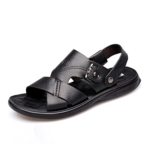 CLSQLXYJZC Mens Leather Cross Strap Sandals, Summer Cowhide Open Toe Beach Slippers, Outdoor Concave and Convex Anti-skid Texture Walking Sandals
