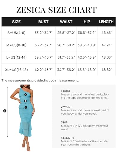 Zesica Women'S One Shoulder Summer Dress Sleeveless Mesh Ruched Bodycon Sexy Formal Cocktail Midi Dresses,Lake,Medium thumb #4