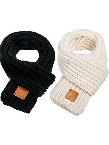Zhanmai 2 Pieces Kids Winter Warm Knit Scarves Warm Scarf Neck Warmer for Toddlers Boys Girls (Black, Beige)