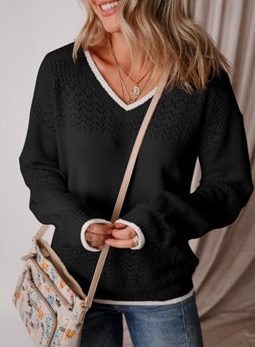 Image of SHEWIN Women's Sweaters Casual Long Sleeve V Neck Crewneck Lightweight Crochet Pullover Sweater Tops