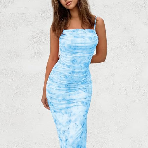 Image of Women's Floral Ruched Bodycon Midi Dress Sleeveless Mesh Fishtail Slip Dresses