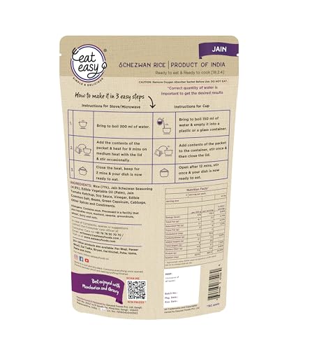 Image of Eat Easy Ready to Eat Jain Schezwan Rice - 95g Each (Pack of 2) | No Garlic & Onion, No Moisture, Freeze Dehydrated, Instant Chinese Style Veg Rice for Quick Lunch, Dinner | No Preservatives | Just Add Hot Water