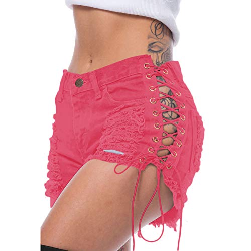 Shorts jeans femininos com orifícios rasgados e faixa da Tengo, rosa, X-Large