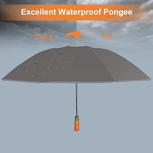Rainboss Automatic Travel Umbrella With 10 Ribs, Large Windproof Umbrellas For Rain & Sun, Compact Folding Inverted Umbrella With Reflective Stripe, Wooden Handle (Gray) #TOP6