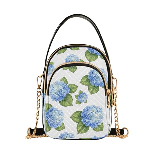 Watercolor Blue Hydrangea Flowers Single Shoulder Handbags Quilted Phone Wallet Chain Strap Purse Cute Zipper Bowler Tote Ladies Satchel