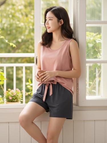 Image of Celary Korean Women Pyjama Set |Cute Printed Sleeveless Cotton Blend Top & Shorts Pyjama Set | Soft Breathable Summer Sleepwear & Loungewear for Ladies | Shorts Set for Women