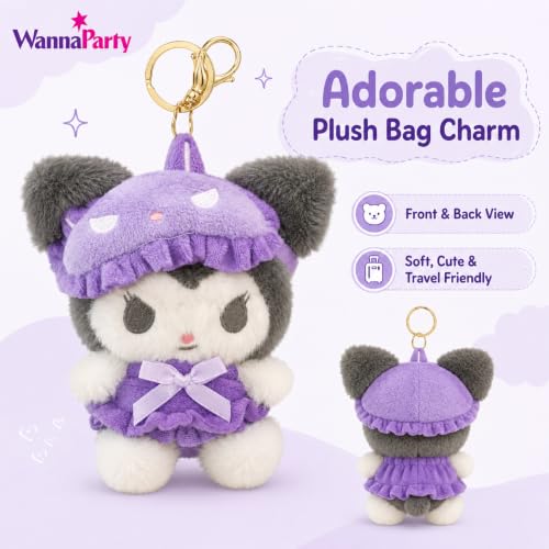 Image of Wanna Party Cute Kawaii Plush Keychain, Soft Black & White Character Bag Charm with Purple Outfit