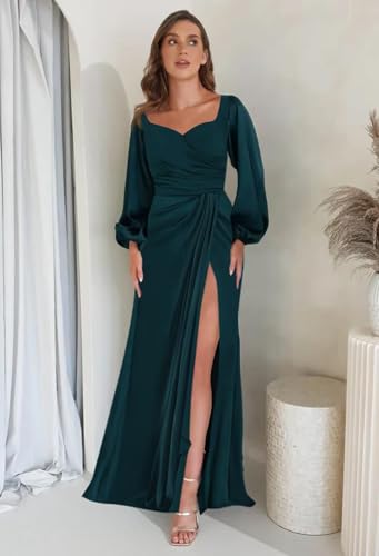 Long Sleeve Satin Bridesmaid Dresses for Women with Slit Ruched Long Corset Prom Formal Evening Ball Gown4