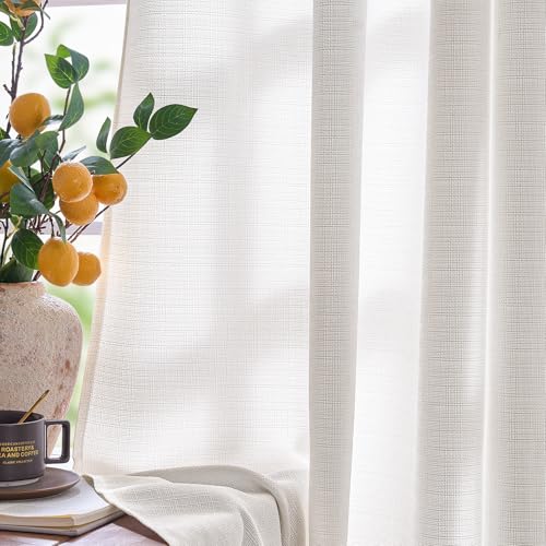 jinchan White Linen Textured Curtains 90 Inch Long 2 Panels for Living Room Grommet Top Light Filtering Window Drapes for Bedroom 38"W x 90"L (Pack of 2) Grommet White