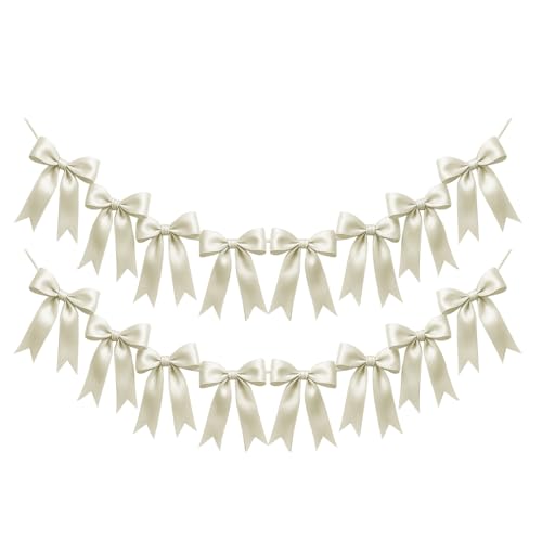 Image of 2 Strings of 16PCS Ivory White Bow Garland Banner Decoration,Pre-Strung Satin Ribbon Ornaments for Birthday,Bachelorette Party,Bridal Shower,Wedding,Engagement,Baby Shower,Graduation Decor,Anniversary