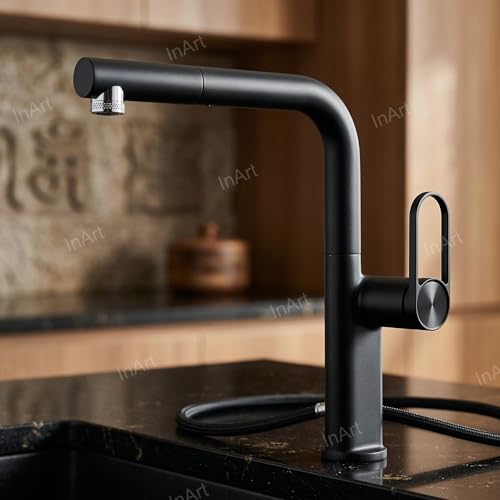 Image of INART Matte Black Kitchen Faucet - Brass Pull Out Sink Mixer Tap with Dual Flow Sprayer, 360 Swivel Spout & Hot Cold Water Control
