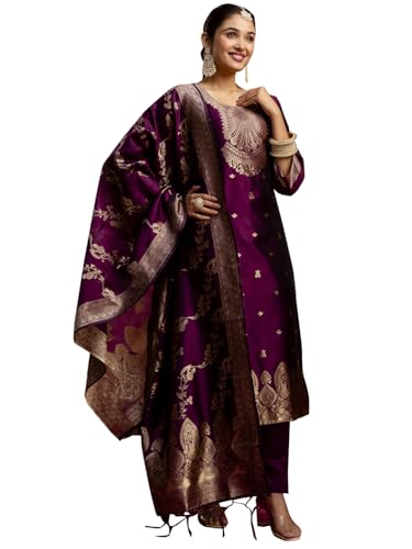 Image of VredeVogel Women's Cotton Silk Blend Zari Work Kurta Pant Set with Jacquard Silk Dupatta | Modern & Traditional Blend Ethnic Wear Set