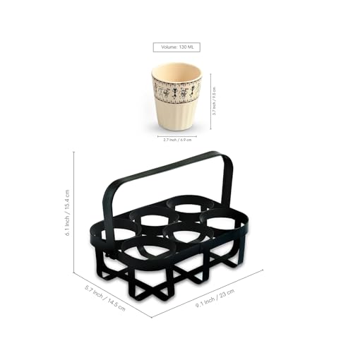 Image of ExclusiveLane 'Warli Tales' Ceramic Tea Glasses Set of 6 with Iron Holder (Set of 6, Each Glass Capacity : 130 ml, Handcrafted) | Cearmic Tea Cups Set Chai Tea Glasses for Tea Chai Cups