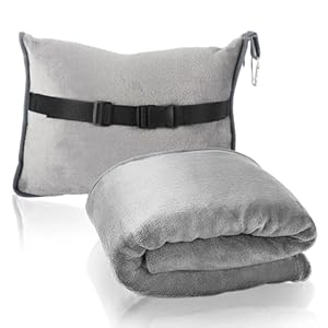 Travel Blanket and Pillow 2 in 1 Airplane Blanket Ultralight Compact Foldable Soft Flannel Blanket with Luggage Belt and Backpack Clip for Long Flights, Camping, Car, Business Trips (Grey)