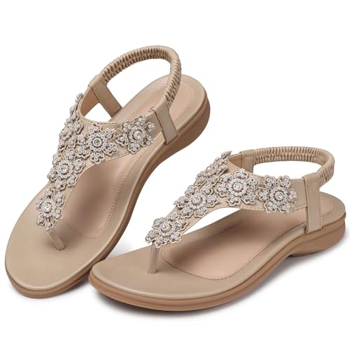Image of TEMOFON Sandals for Women Flat Dressy Summer Flower Sandals with Ankle Strap Comfortable Casual Walking Flat Sandals Size 5-11