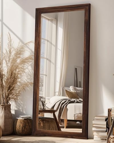Coomily Full Length Mirror, 71"x32" Wooden Mirror Full Length with Stand Wood Floor Mirror, Oversized Stand Up Mirrors Large Wall Mirrors, Wall Mounted Mirrors, Rect Wood Style, Walnut