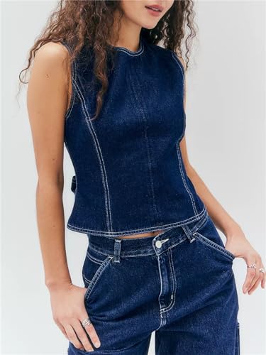 Women Y2k Halter Denim Top Backless Tie Back Button Up Relaxed Fit Jean Vest Sexy Vintage Summer Going Out Tank Top2
