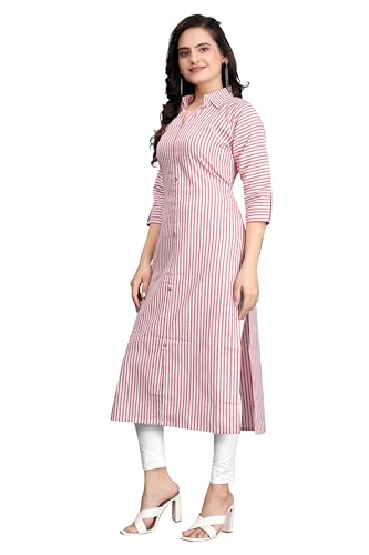 Image of Women Striped Cotton Straight Kurta (Pink)