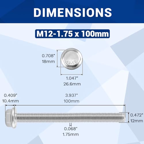 Image of M12-1.75 x 100mm Serrated Flange Hex Bolts + Flange Nut + Flat Washer + Lock Washer Combo Pack, 304 Stainless Steel 18-8, for Automotive & Machinery, 4 Sets