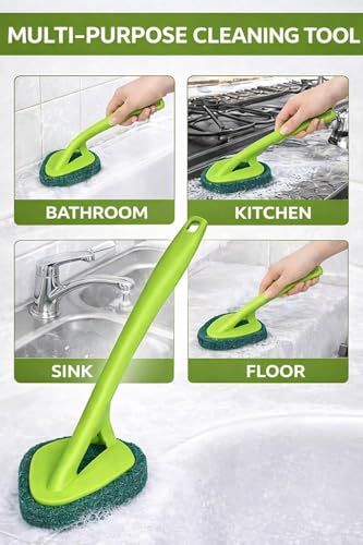Image of CLEANFIELD Long Handle Tile Scrubber Brush with Sponge - Durable Wall Multipurpose Long Handle for Sink, Tiles & Utensils Bathroom Tile Cleaning Brush with Scrubber (2)