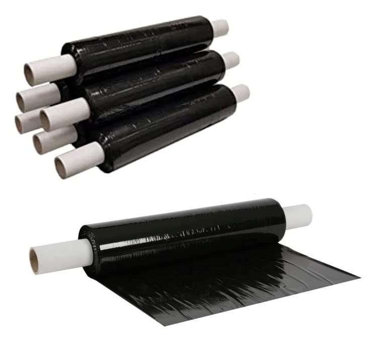HOT BARGAINS6 X Black Pallet Wrap Roll Extended Core 400mm x 300m, 25mu Black Stretch Shrink Cling Film 1.5kg Wrapping Roll for Moving House, Furniture & Industrial Uses (6)