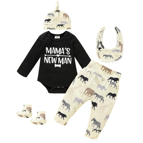 Image of GRNSHTS Newborn Baby Boy Clothes Letter Print Romper+Animal Pants+Mouth watering towel+Socks With Hat Coming Home Outfits