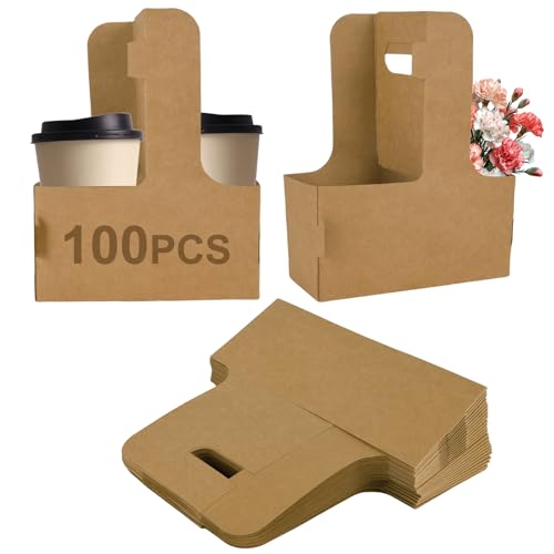 100 Pack Drink Carrier with Handle, 2 Cups or 4 Cups Assemblable Disposable Paper Cup Holder, Coffee and Drink Carrier, for Coffee and Drink Delivery Cup Holder
