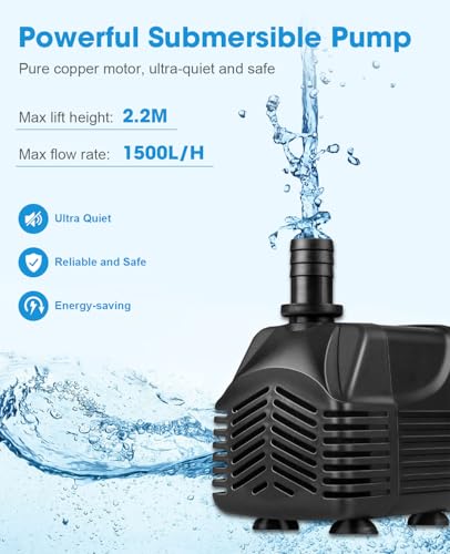 Wasserpumpe Klein Tauchpumpe 25W 1500L/H Pumpe mit 2,5m Kabel, 1,5m Schlauch und 2 Düsen für Aquarien, Gärten, Brunnen, Teich