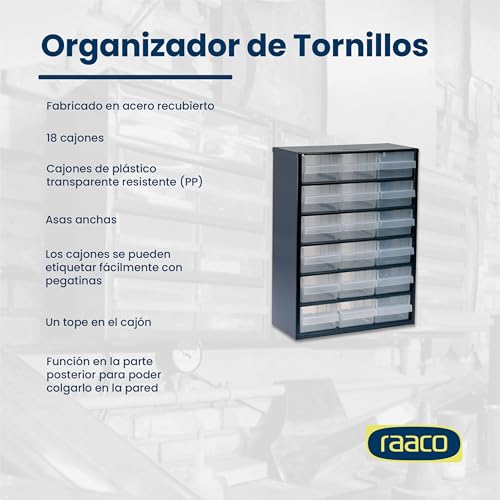 Miniatura 4 de Raaco Organizador De Tornillos C9-18, Con 18 Cajones, Capacidad 20 Kg, 15 X 30,6 X 41,7 Cm, Apto Para Montaje En Pared, Clasificador De Tornillos Y Pequeñas Piezas Para Taller
