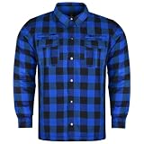 Mens Armored Checkered Flannel Biker Shirt, Multiple Waterproof Storage Pockets CE Approved Armor Reinforced Water Resistant (Blue, M)