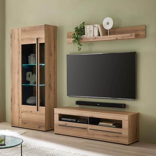 Wohnwand Wohnzimmer-Set 3-teilig mit Vitrine, Lowboard & Wandregal in Eiche inkl. LED Beleuchtung Wohnwand Wohnzimmer-Set 3-teilig mit Vitrine, Lowboard & Wandregal in Eiche inkl. LED Beleuchtung