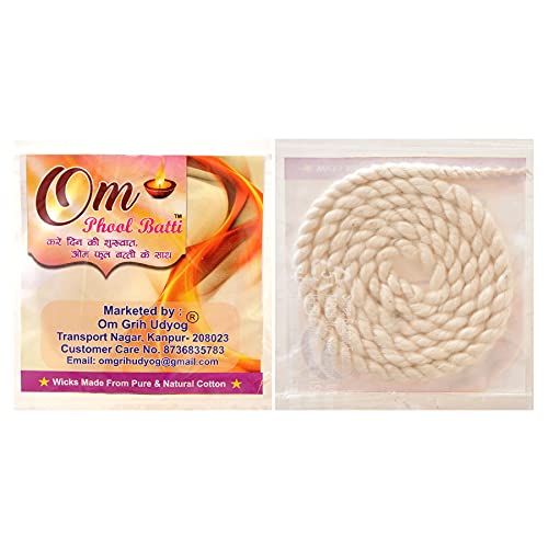 OM PHOOL BATTI Long Cotton Wicks (White) - Pack of 12