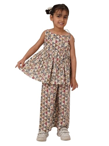 Image of FABRIC FITOOR Kids Cotton Grey Colour Geomatric Print Top & Palazzo Set /Co-ord Set For Girls