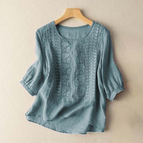Linen Shirts for Women Summer 2025 Retro Embroidered 3/4 Sleeve Boho Tops Dressy Casual Blouses Teacher Loose Tunics2