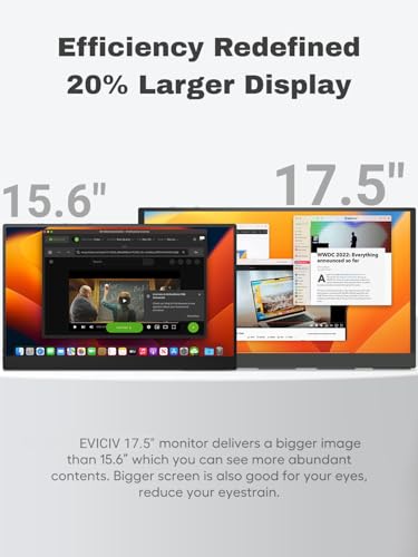 Image of EVICIV 17.5 Inch Portable Screen, 1920x1200P 125% sRGB 2000:1 FHD Portable Monitor 16:10 IPS with USB-C and HDMI, Eye Care Second External Screen for PC Laptop, Phone, Game Console