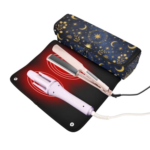 Bolsa organizadora de viaje para herramientas de cabello con tapete resistente al calor, ideal para planchas, rizadores y secadores pequeños. Diseño celestial azul marino con luna y estrellas para mujeres. miniatura 2