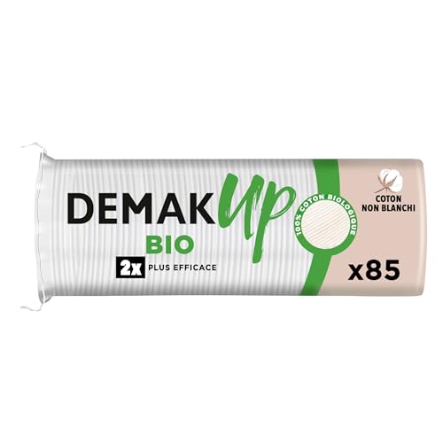 Demak'Up Bio Disques Cotons à Démaquiller - Visage et Yeux - 100% Fibres de Coton Naturelles Biologiques et non Blanchies - Certifiés GOTS - 85 Cotons