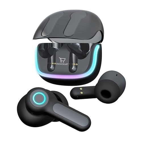 Image of Phonokart KIRA TWS Bluetooth V5.4 Earbuds with Quad Mic ENC, RGB LED Gaming Mode, 70H Playtime, Type-C Fast Charging, Touch Control Wireless Earbuds with 500mAh Battery (Black)