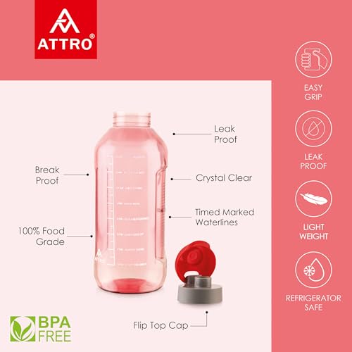 Image of ATTRO Ultra Pro Motivational 1.5-Liter BPA-Free Water Bottle with Leak-Proof Flip-Top Cap, Nylon Strap and Stylish Color for Daily Hydration- Red-Set of 2