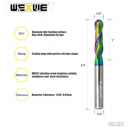 Image of Tools Ball Nose Carbide End Mill, DLC Coating, CNC Cutting Tools for Aluminum and Wood Cutting, 3D Carving & Engraving. 2 Flute Router Bits,1 /4 Shank (1 /4-2.5 inch 5pcs)
