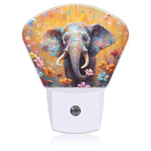 Image of Watercolor Elephant Night Light for Kids Girls Boys, Flowers LED Night Light Plug into Wall with Dusk to Dawn Sensor for Bedroom, Hallway, Kitchen, Bathroom, Stairs Decor