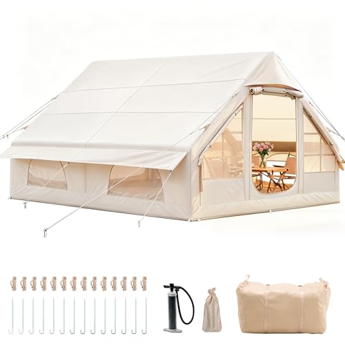 Tente de Camping Gonflable avec Ouverture de cheminée et fenêtre de Toit, Grande Tente Extérieure pour 4-10 Personnes avec Pompe à Air, Tissu Oxford...
